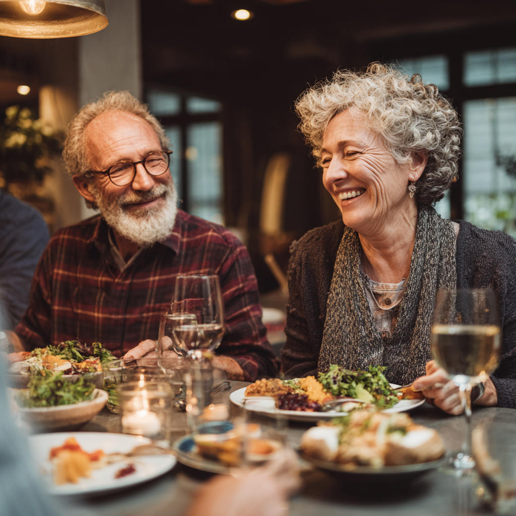 Mature adults enjoying balanced meal together