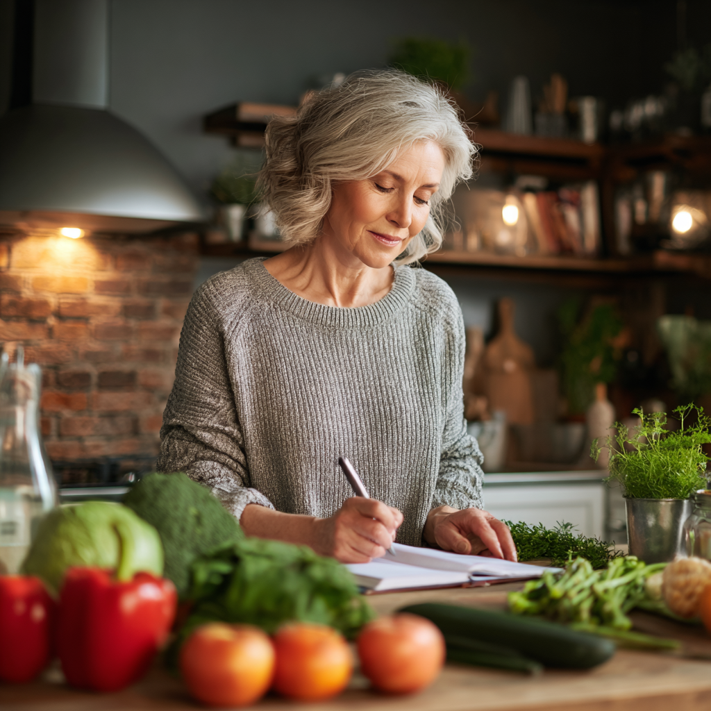 Middle-aged woman planning healthy meals in modern kitchen